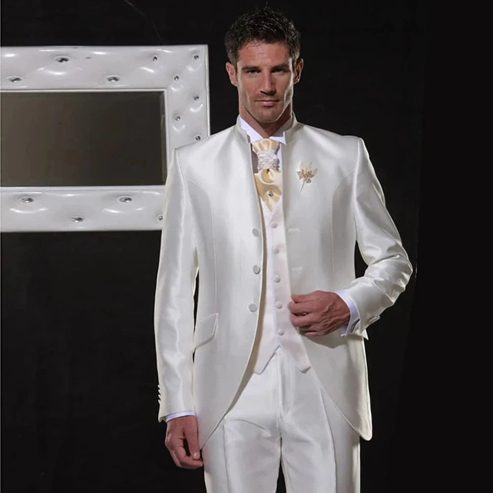 Men's white satin tuxedo with slim fit, single-breasted blazer, vest, and pants, perfect for weddings and formal events.