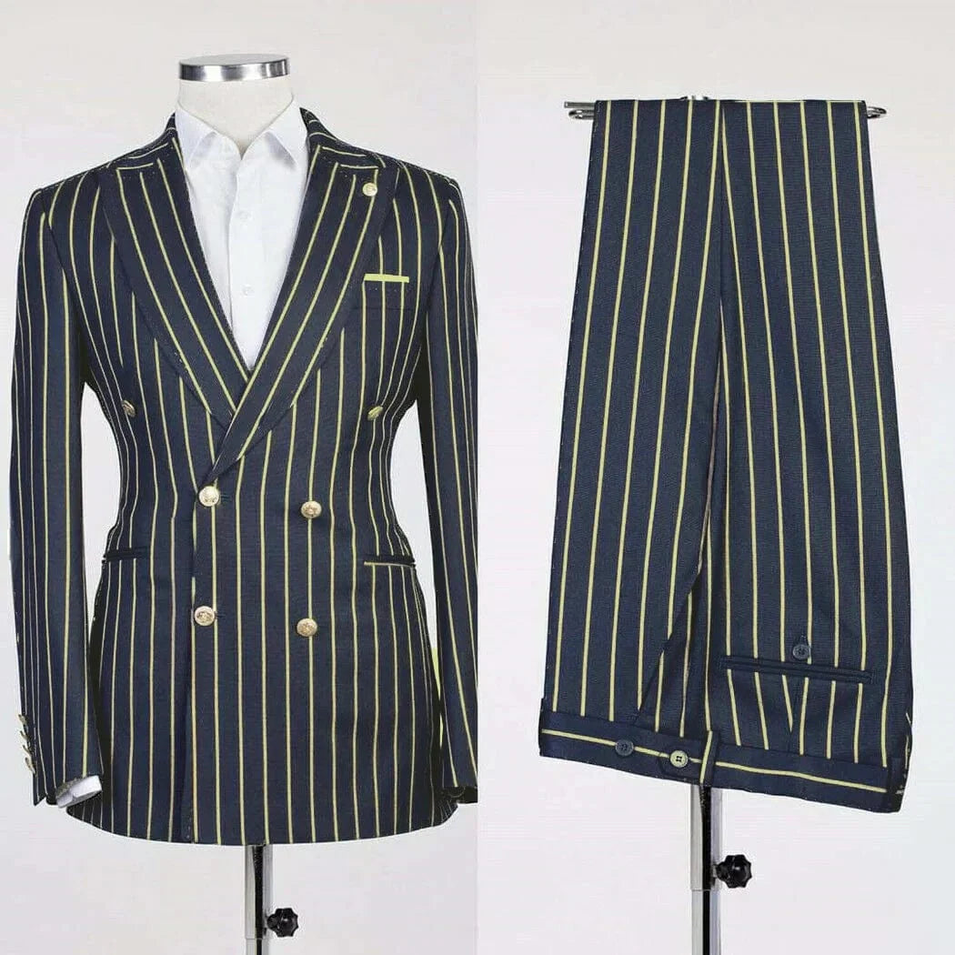 Men's double-breasted striped business suit by SHOWLU FASHION, includes blazer and matching pants in a classic British style.