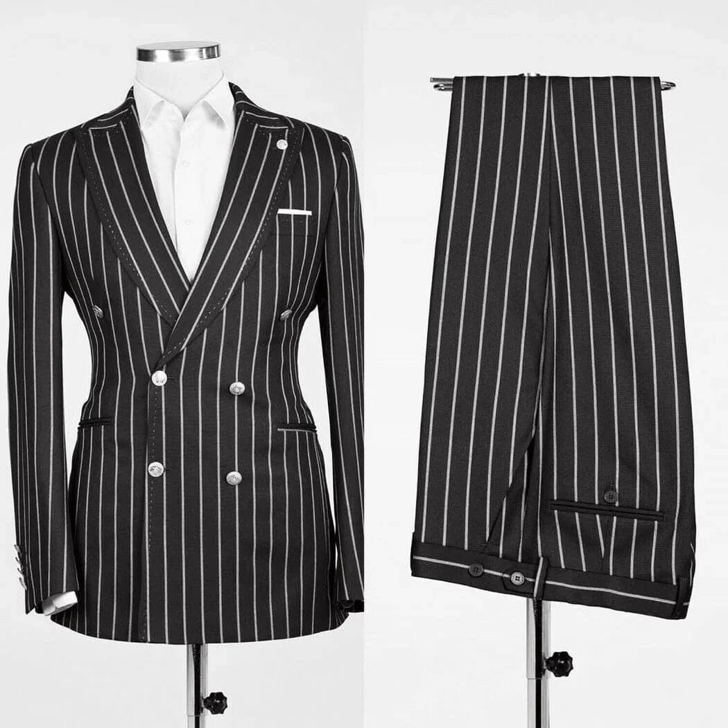 Men's double-breasted striped business suit by SHOWLU FASHION, featuring a blazer and matching pants in British style.