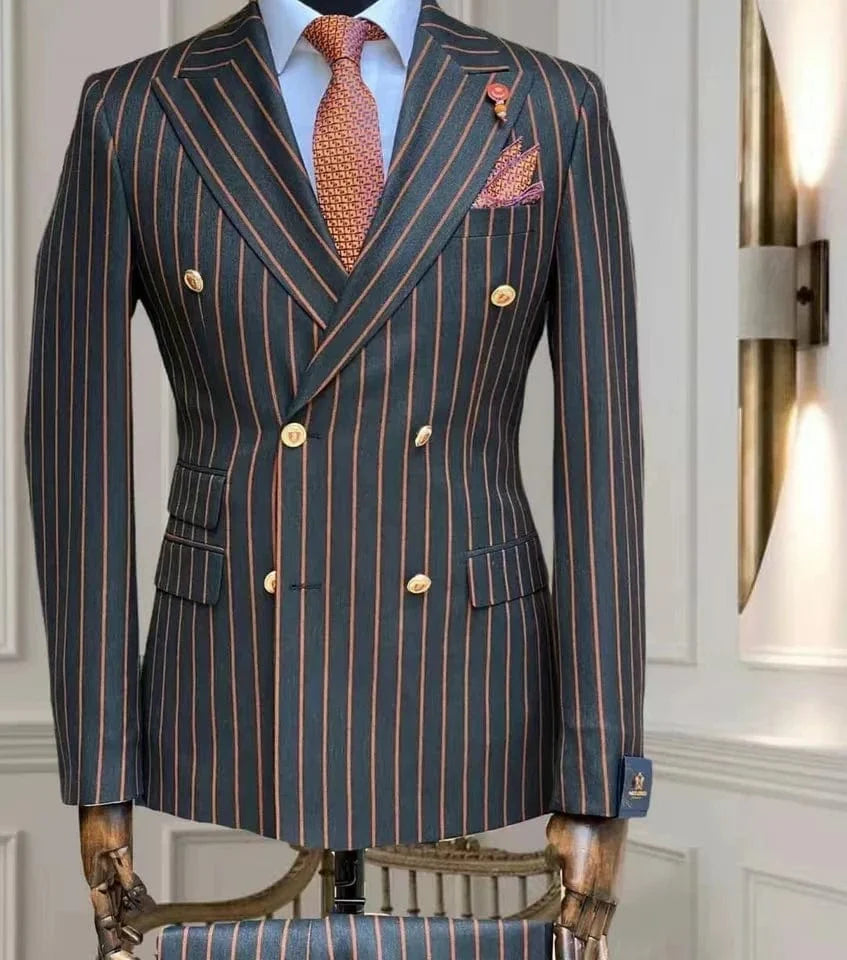 iLoveWedding men's double-breasted striped business suit from SHOWLU FASHION, featuring a blazer and matching pants in British style.