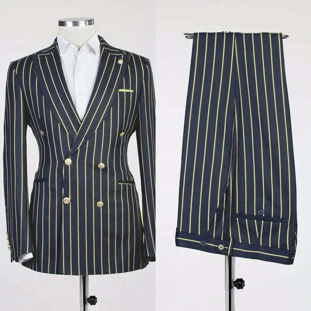 iLoveWedding men's double-breasted striped business suit with blazer and matching pants, British style, tailored for a sharp professional look.