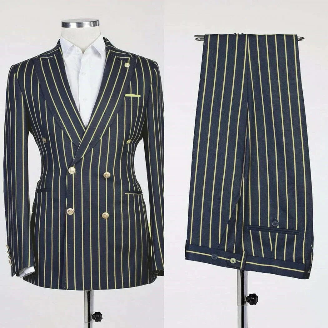 iLoveWedding men's double-breasted striped business suit with blazer and matching pants, British style, tailored for a sharp professional look.