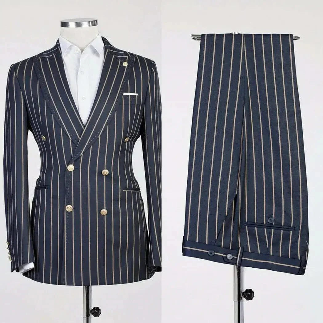 Men's double-breasted striped business suit by SHOWLU FASHION, includes blazer and pants in classic British style.