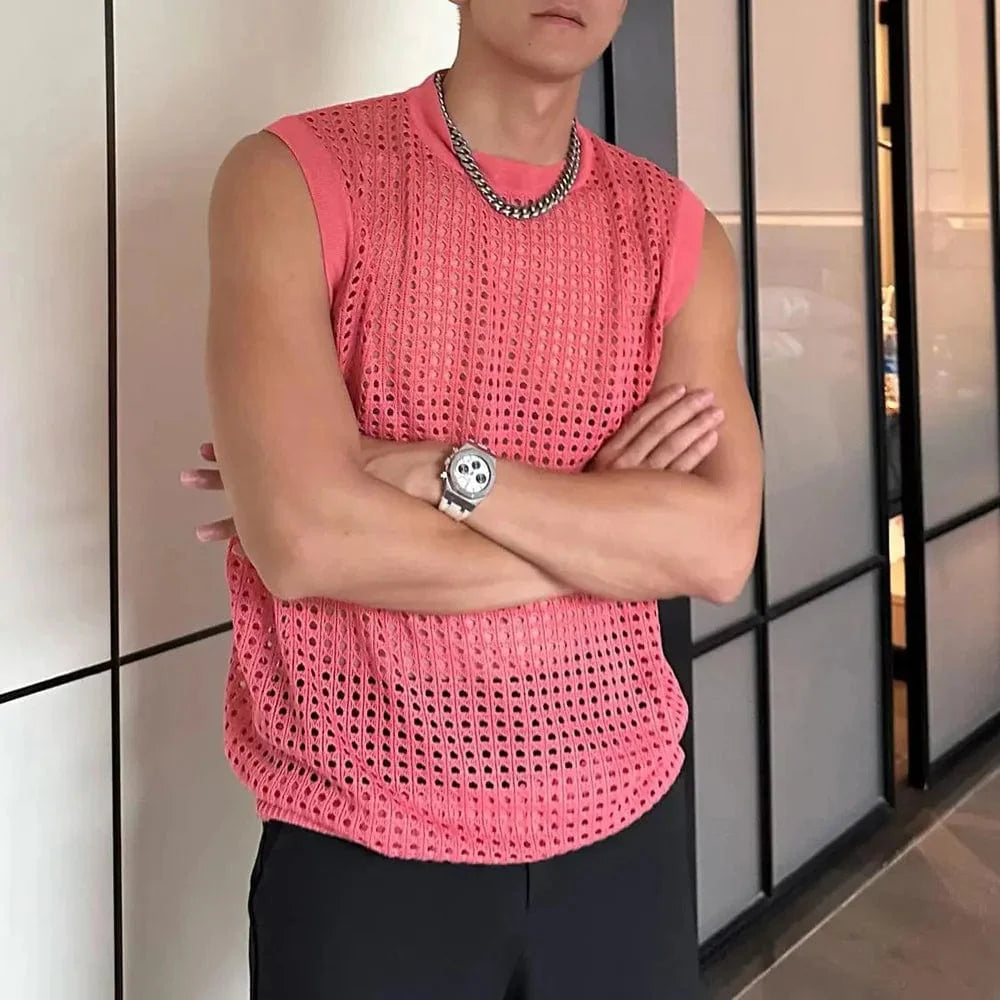 Men's mesh tank top by SHOWLU FASHION STORE featuring breathable, see-through hollow-out design for fitness and nightlife wear.