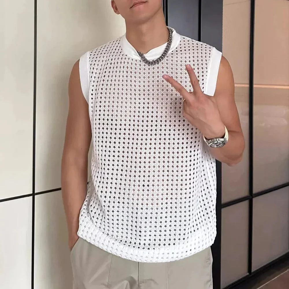 Men's mesh tank top by SHOWLU FASHION, breathable hollow-out fitness vest with see-through design, sleeveless and ideal for active wear