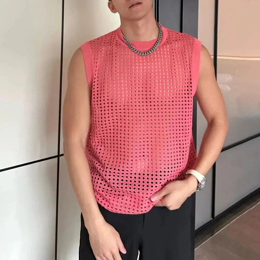 Men's breathable mesh tank top by SHOWLU FASHION STORE, see-through hollow-out fitness vest for activewear and nightclubs.