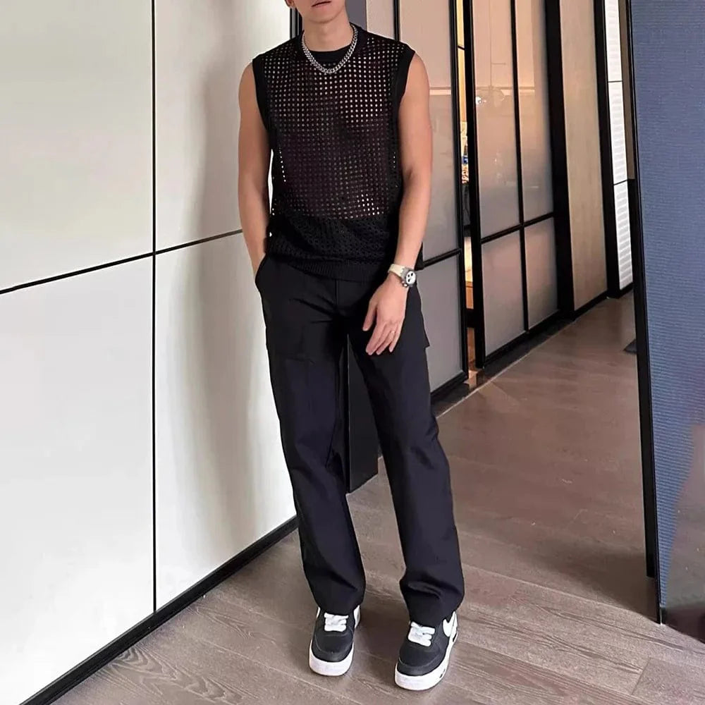 Men's breathable mesh tank top by SHOWLU FASHION, see-through hollow-out design, ideal for fitness, nightclubs, and casual wear.