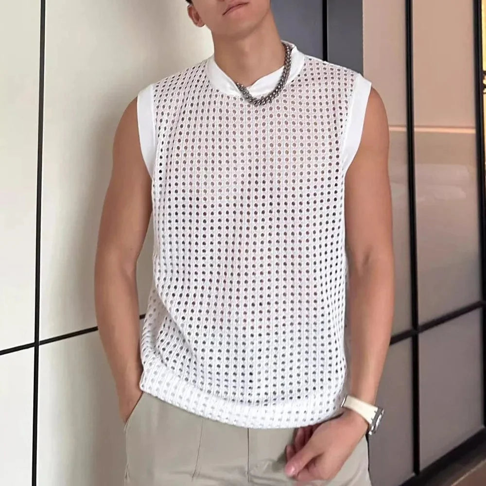 Men's breathable mesh tank top by SHOWLU FASHION, see-through hollow out fitness vest, sleeveless and ideal for active or nightlife wear.