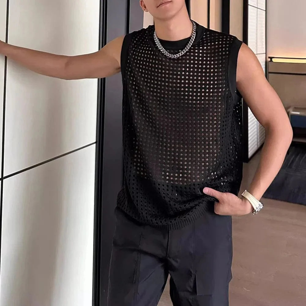 Men's breathable mesh tank top by SHOWLU FASHION STORE, sleeveless fitness vest with see-through hollow out design for activewear or nightclub wear.