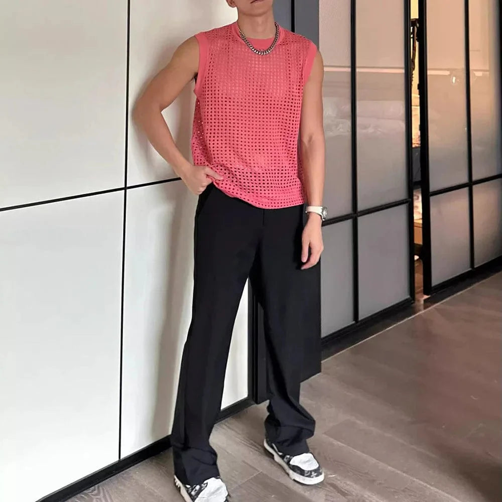 Men's COZOK mesh tank top from SHOWLU FASHION, breathable hollow-out fitness vest, sleeveless see-through workout and party wear.