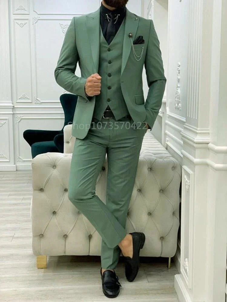 Kromoc Men's 3-Piece Slim Fit Wool Blend Suit with peak lapel, jacket, vest, and pants, ideal for formal and special occasions.