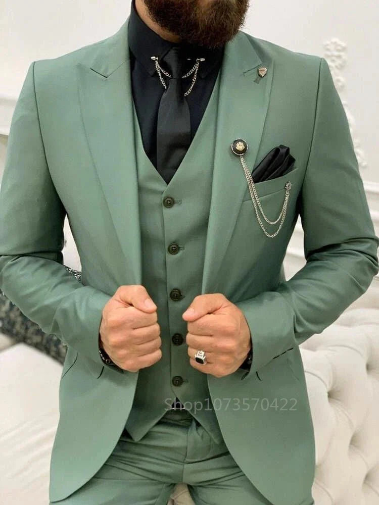 Kromoc Men's 3-Piece Slim Fit Suit by SHOWLU FASHION STORE, wool blend tuxedo with peak lapel, jacket, vest, and pants for formal wear.