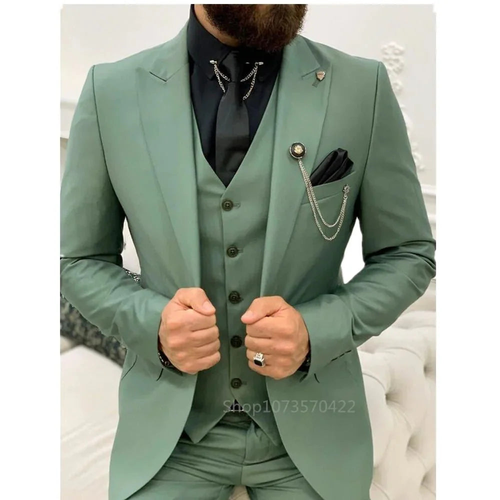 Kromoc Men's 3-Piece Slim Fit Wool Blend Suit with peak lapel, jacket, vest, and pants, ideal for formal events and weddings