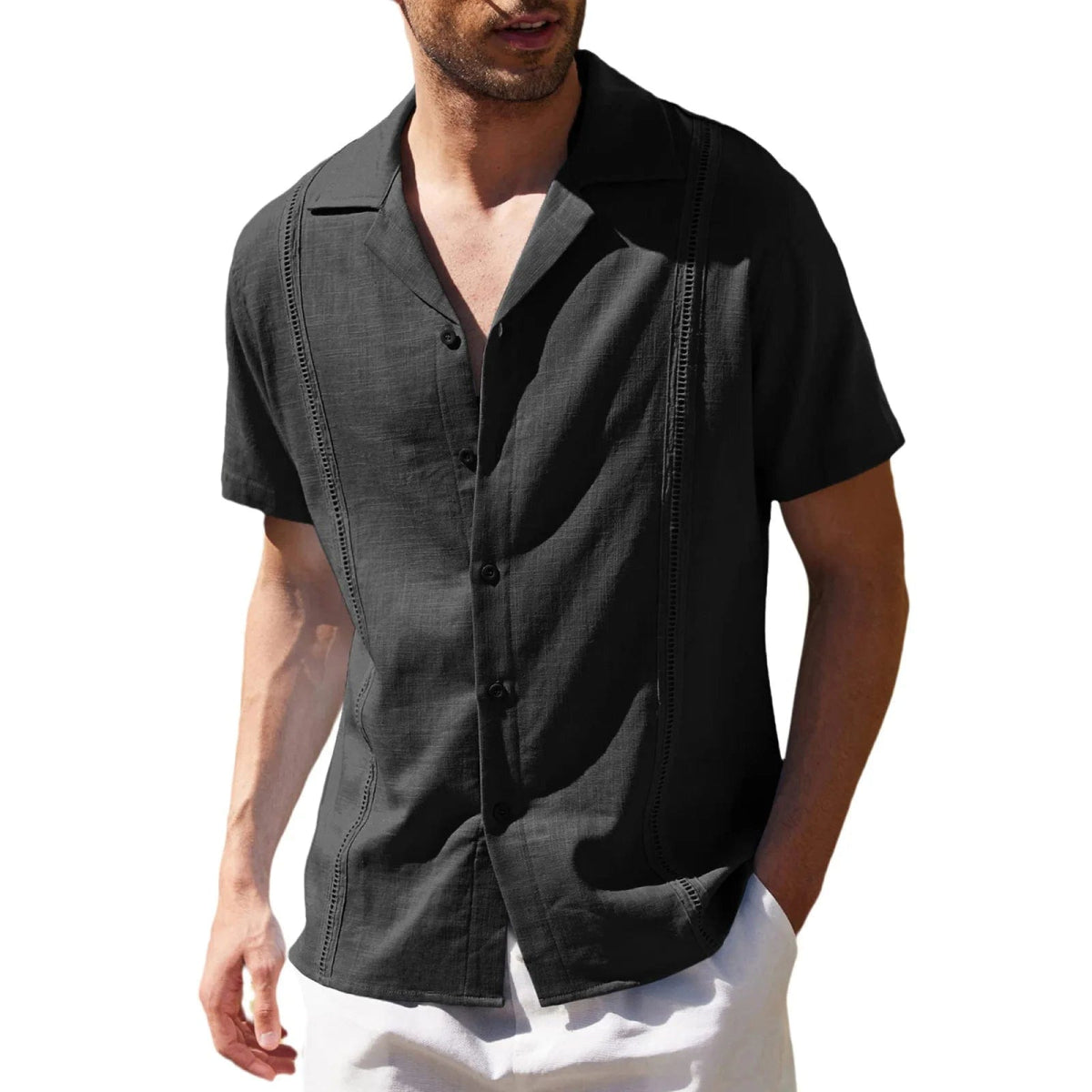 Men's Traditional Cuban Camp Collar Guayabera Shirt Short Sleeve Embroidered Mens Shirts Soft Breathable Solid Color Beach Shirt - SHOWLU FASHION STORE