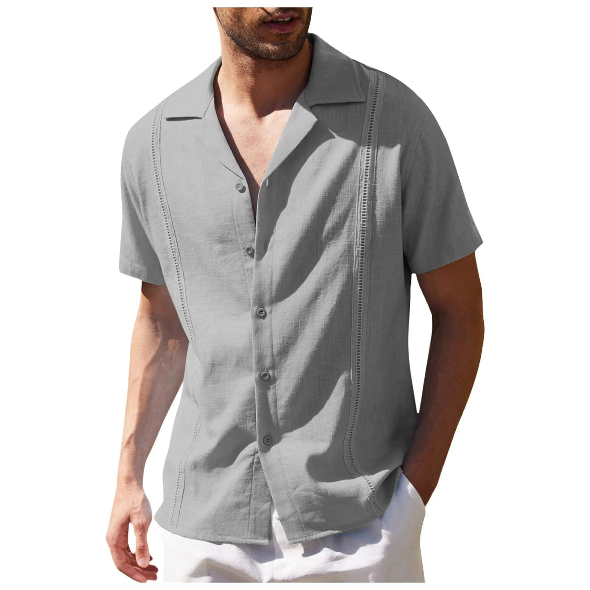 Men's Traditional Cuban Camp Collar Guayabera Shirt Short Sleeve Embroidered Mens Shirts Soft Breathable Solid Color Beach Shirt - SHOWLU FASHION STORE