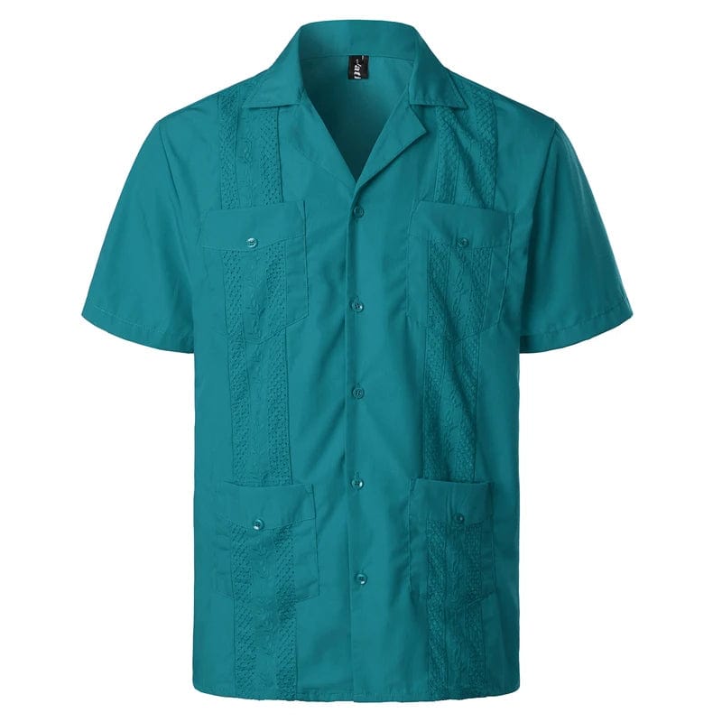 Men's Traditional Cuban Camp Collar Guayabera Shirt Short Sleeve Embroidered Mexican Caribbean Style Beach Shirt with 4 Pocket - SHOWLU FASHION STORE