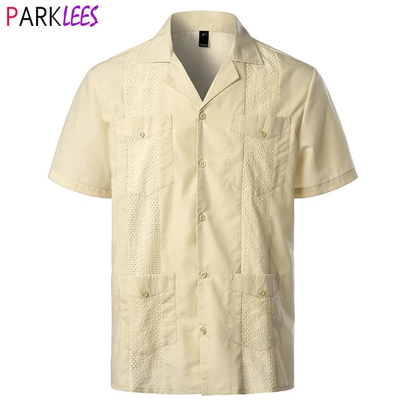 Men's Traditional Cuban Camp Collar Guayabera Shirt Short Sleeve Embroidered Mexican Caribbean Style Beach Shirt with 4 Pocket - SHOWLU FASHION STORE