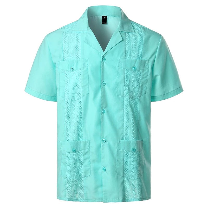 Men's Traditional Cuban Camp Collar Guayabera Shirt Short Sleeve Embroidered Mexican Caribbean Style Beach Shirt with 4 Pocket - SHOWLU FASHION STORE