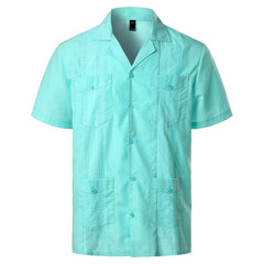 Men's Traditional Cuban Camp Collar Guayabera Shirt Short Sleeve Embroidered Mexican Caribbean Style Beach Shirt with 4 Pocket - SHOWLU FASHION STORE