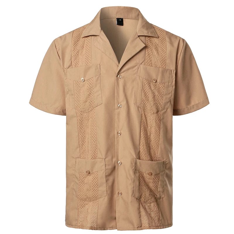 Men's Traditional Cuban Camp Collar Guayabera Shirt Short Sleeve Embroidered Mexican Caribbean Style Beach Shirt with 4 Pocket - SHOWLU FASHION STORE