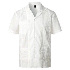 Men's Traditional Cuban Camp Collar Guayabera Shirt Short Sleeve Embroidered Mexican Caribbean Style Beach Shirt with 4 Pocket - SHOWLU FASHION STORE