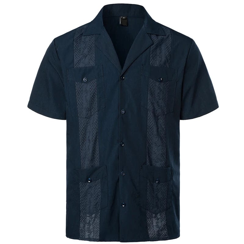 Men's Traditional Cuban Camp Collar Guayabera Shirt Short Sleeve Embroidered Mexican Caribbean Style Beach Shirt with 4 Pocket - SHOWLU FASHION STORE