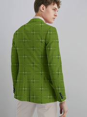Men'S Trendy American Style Casual Suit Jacket, Christmas Green Plaid, Polyester 95% Elastane 5%, All - Season Skinny Fit, Regular Length, Long Sleeve, Lapel Collar, Button Detail, Woven Fabric, 280g/m² - Mature Occasion - SHOWLU FASHION STORE