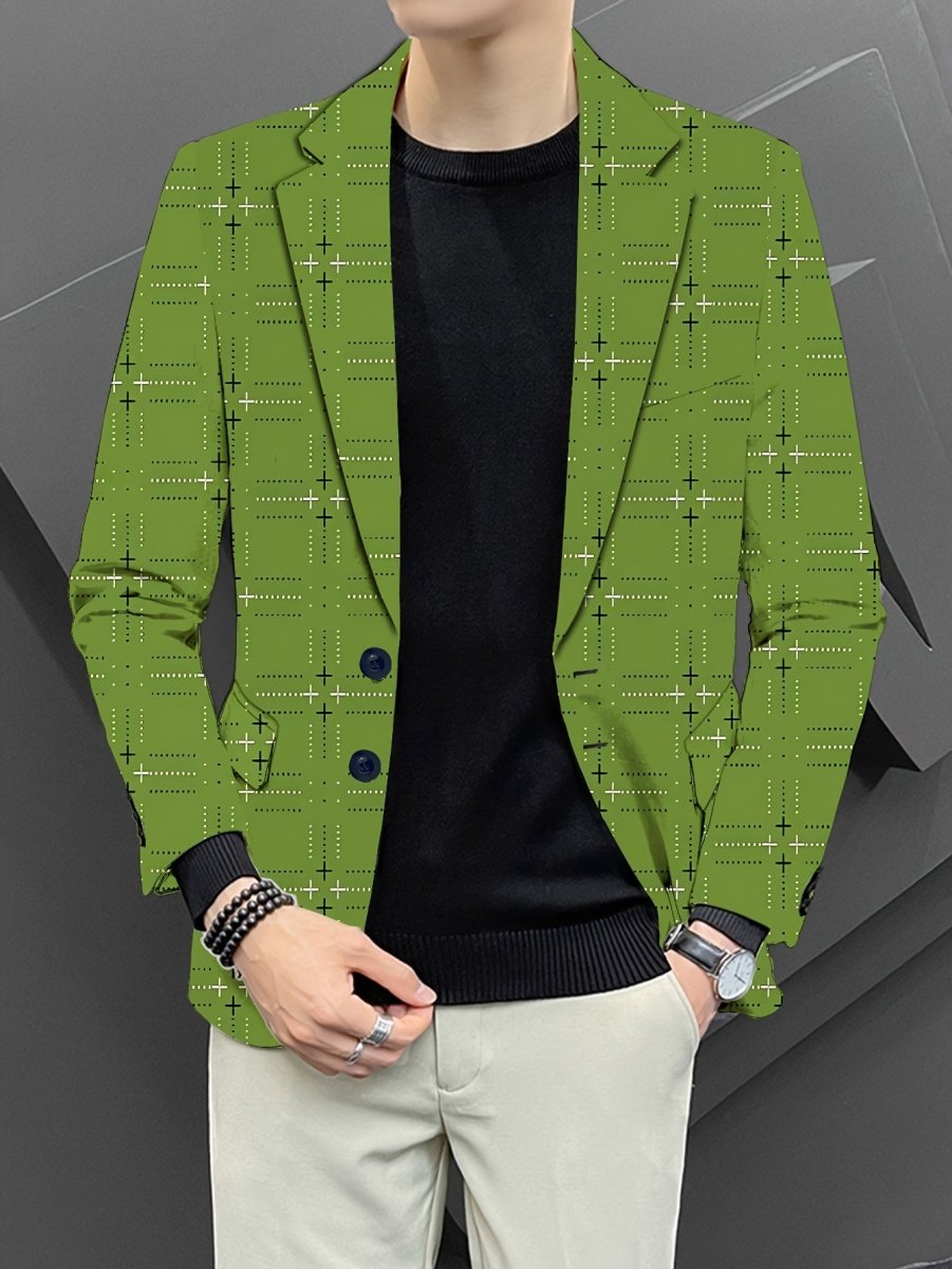 Men's green plaid casual suit jacket by SHOWLU FASHION STORE, skinny fit blazer with lapel collar and long sleeves.