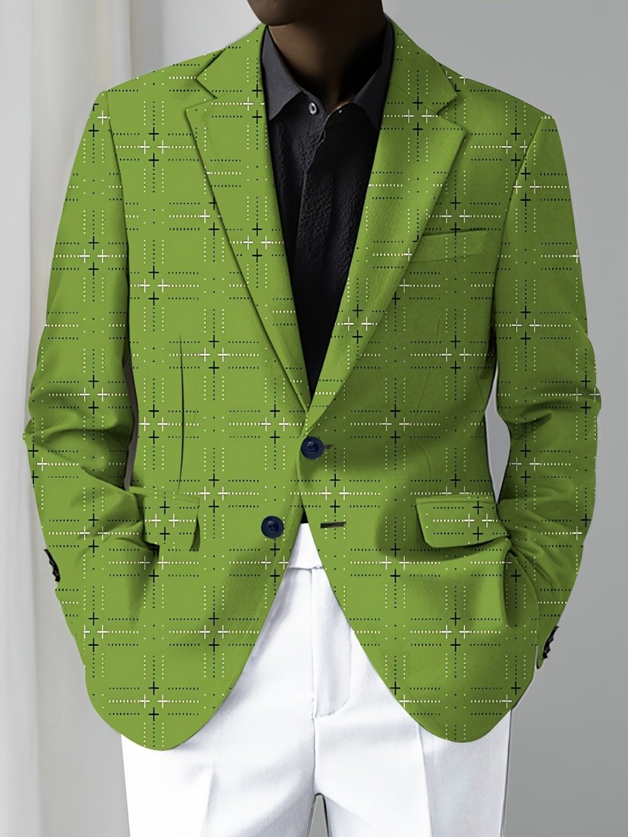 Men's green plaid casual suit jacket by SHOWLU, skinny fit blazer with lapel collar, long sleeves, button closure, all-season style.