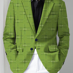 Men'S Trendy American Style Casual Suit Jacket, Christmas Green Plaid, Polyester 95% Elastane 5%, All - Season Skinny Fit, Regular Length, Long Sleeve, Lapel Collar, Button Detail, Woven Fabric, 280g/m² - Mature Occasion - SHOWLU FASHION STORE