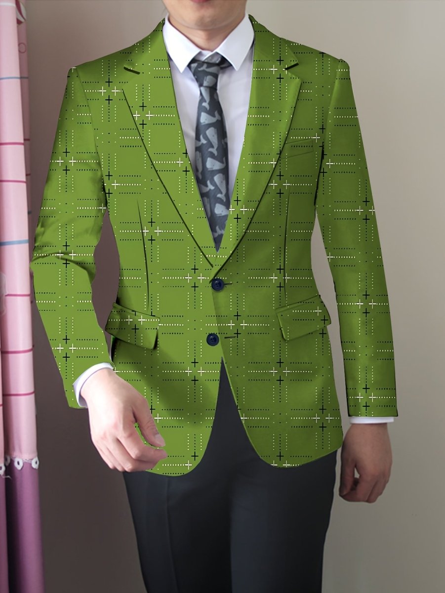 Men's green plaid casual suit jacket by SHOWLU FASHION STORE, skinny fit blazer with lapel collar, long sleeves, and button closure.
