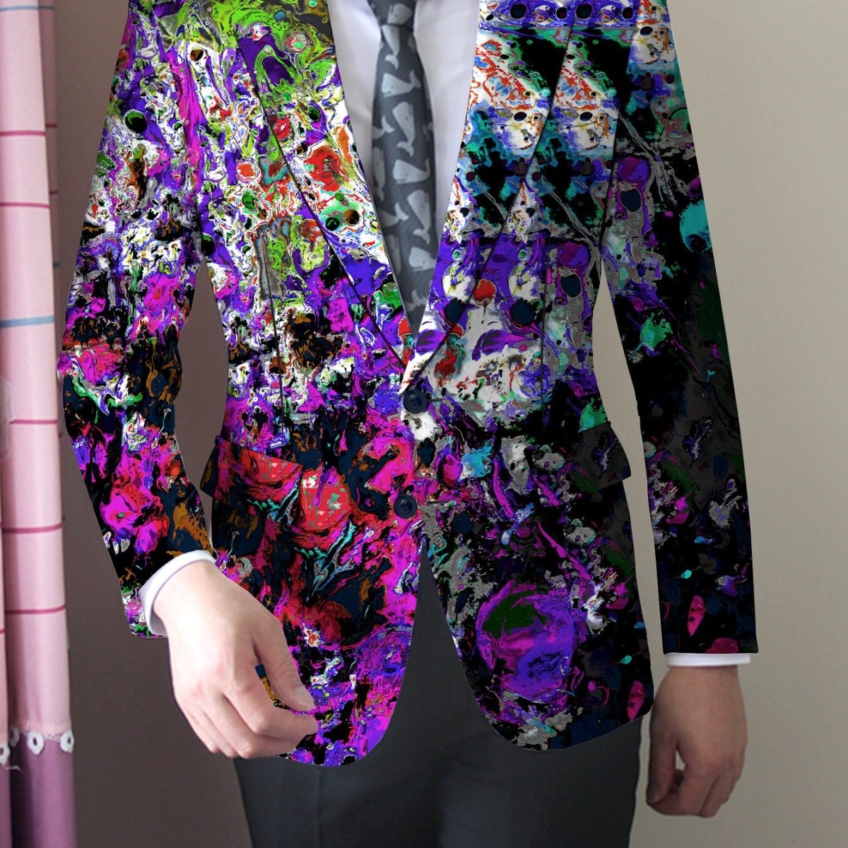 Men's American style casual suit jacket by SHOWLU, skinny fit polyester with lapel collar and button details, all-season woven fabric