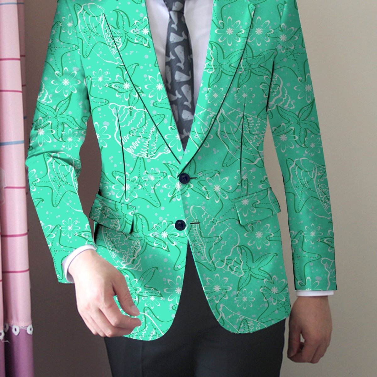 Men's casual blazer by SHOWLU FASHION, regular fit polyester jacket with lapel collar, button details, and lightweight woven fabric.
