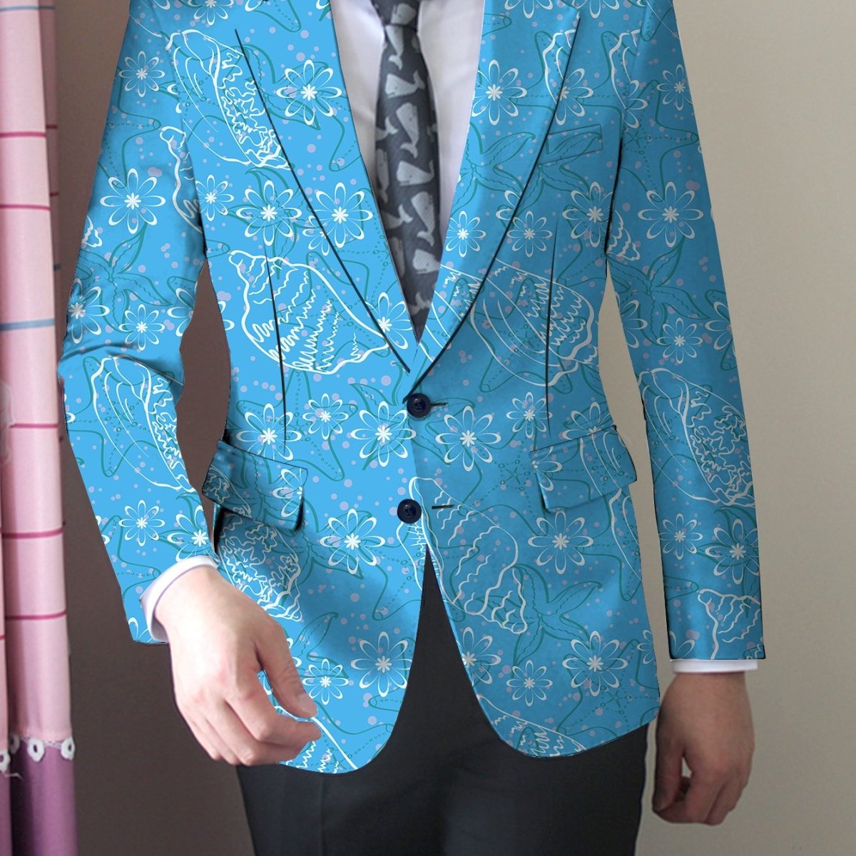 Men's casual blazer by SHOWLU FASHION, lightweight polyester jacket with lapel collar, regular fit, button detail and subtle stretch.