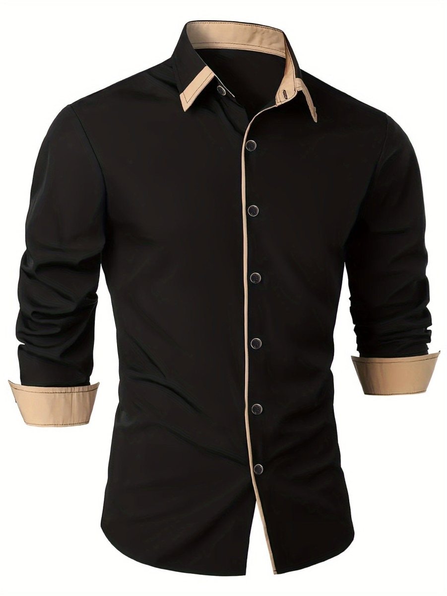 SHOWLU Men's slim fit lapel shirt with long sleeves, solid color, polyester fabric, ideal for outdoor, travel, or business occasions.