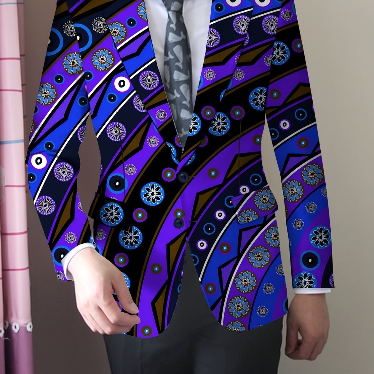 Men's skinny fit polyester blazer with mature lapel collar, woven fabric, button details, all-season style, by SHOWLU FASHION STORE.