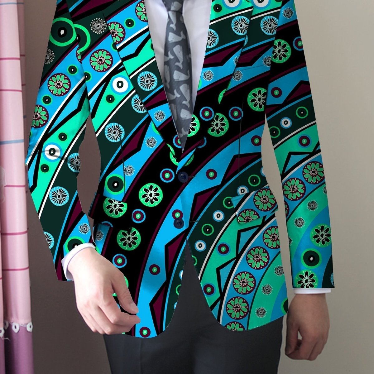 Men's SHOWLU FASHION skinny fit polyester blazer with mature lapel, woven fabric, button details, and all-season style.
