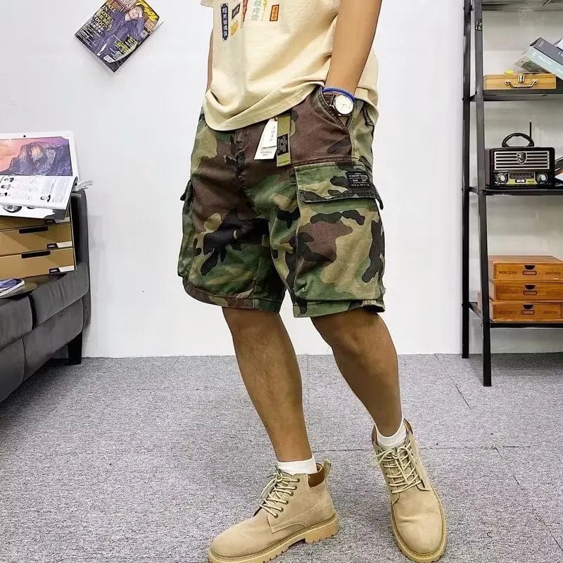 Men's vintage camouflage cargo shorts by Showlu Fashion, loose fit, casual streetwear with multiple pockets for outdoor summer wear.