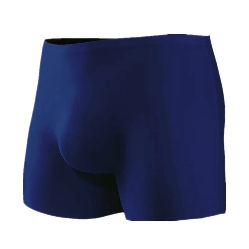 Showlu Men's Ice Silk Seamless Boxer Shorts with 3D Pouch, solid design, slim fit, breathable underwear for men.