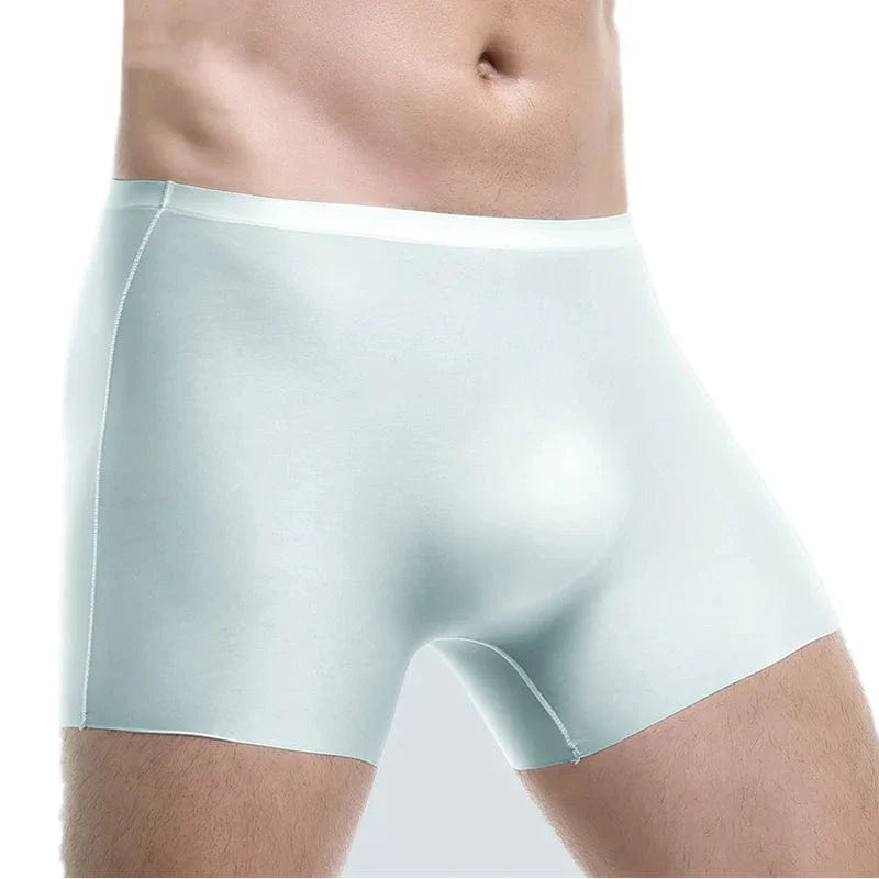 Showlu Men's Ice Silk Seamless Boxer Shorts with 3D Pouch, solid slim fit men's underwear in black, size L to 3XL.