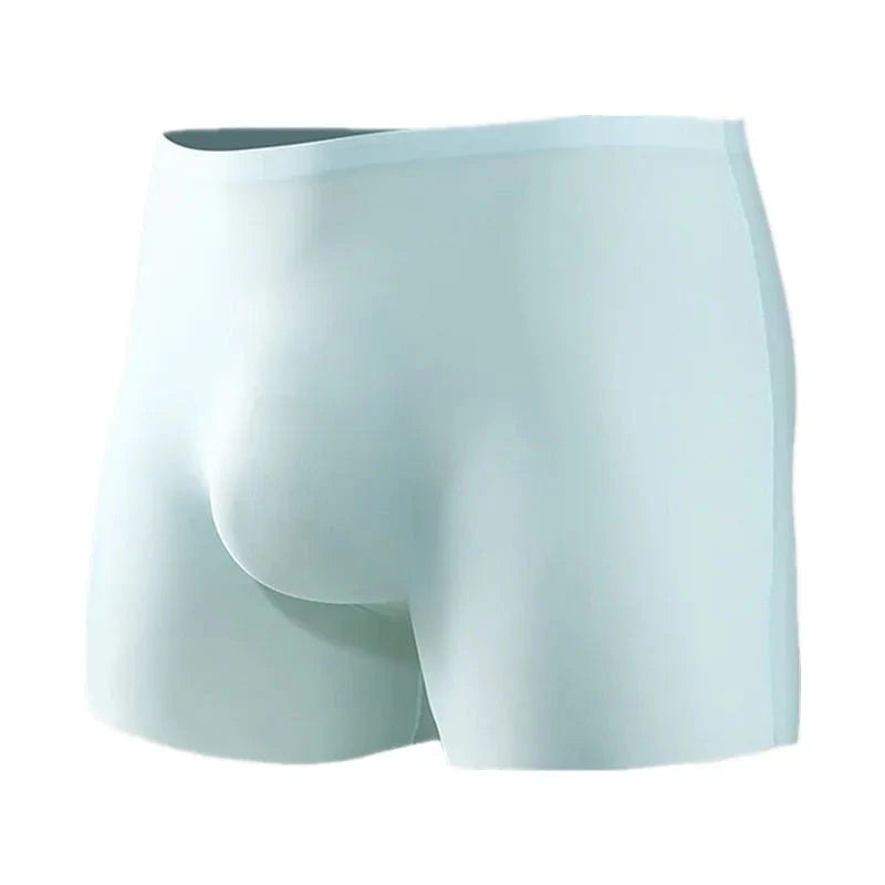 Men's Showlu Ice Silk seamless boxer shorts with 3D pouch, slim fit, solid color, breathable men's underwear for comfort.