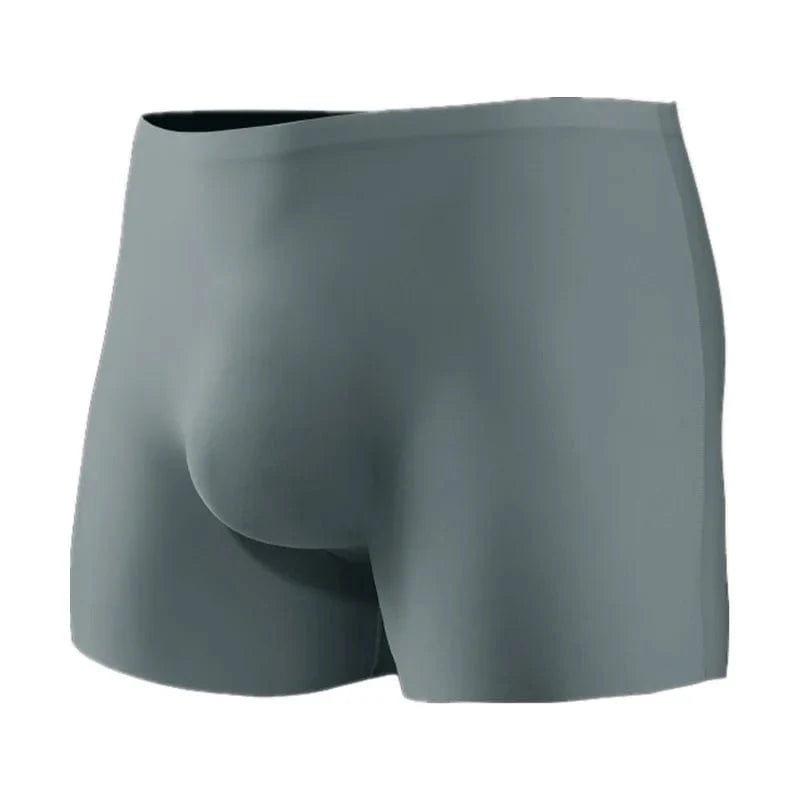 Showlu Men's Ice Silk Seamless Boxer Shorts with 3D Pouch, solid slim fit, breathable men's underwear for comfort.