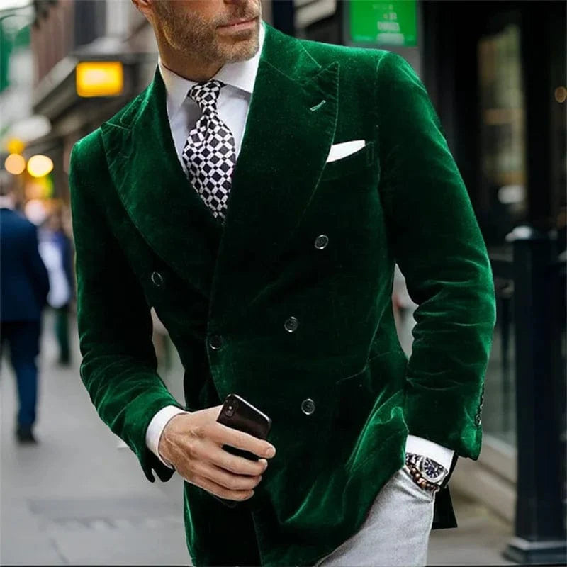 Men's velvet blazer by SHOWLU FASHION STORE, double-breasted Italian-style smoking jacket for formal events and special occasions.