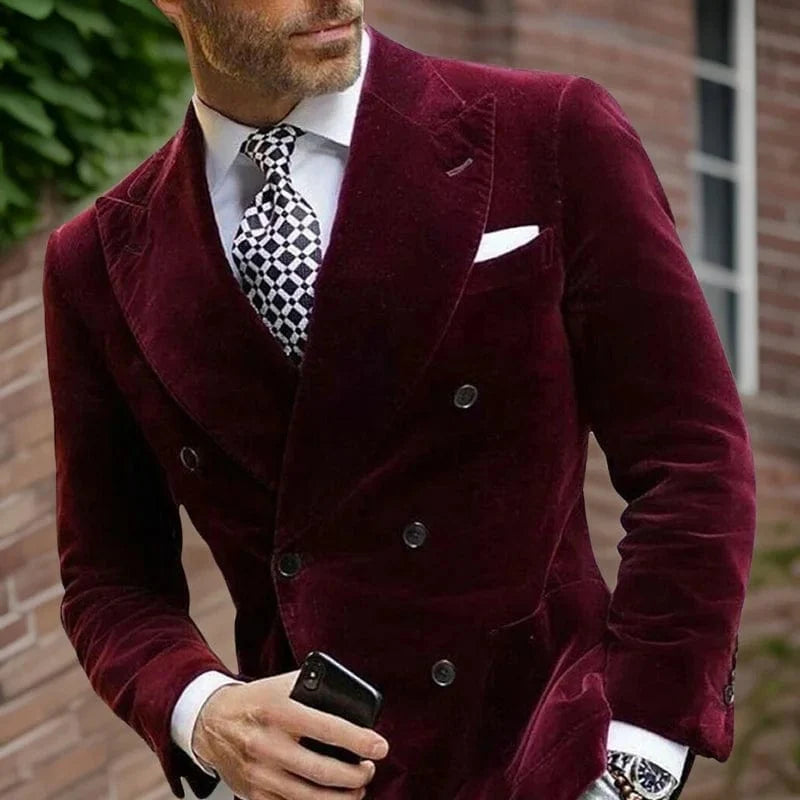 Men's velvet blazer by SHOWLU FASHION STORE, Italian double-breasted smoking jacket perfect for weddings, parties, and elegant events.