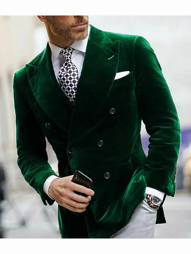 Men's velvet blazer by SHOWLU FASHION STORE, double-breasted Italian style smoking jacket for formal dinners, weddings, and parties.