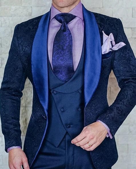 Black men's Italian design 3-piece wedding tuxedo suit with skinny fit, jacket, vest, and pants, perfect for formal occasions.