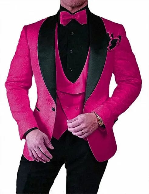 Black men's Italian design 3-piece wedding tuxedo suit with skinny fit, featuring a jacket, vest, and pants for formal occasions.