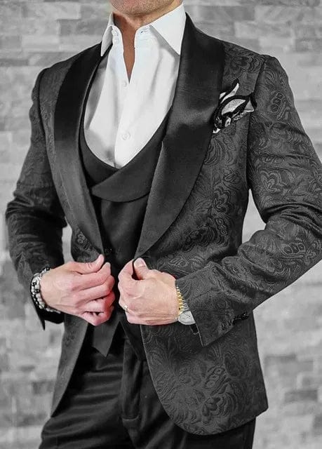 Black Italian design 3-piece men's wedding tuxedo suit with skinny fit, featuring jacket, vest, and pants for formal occasions.