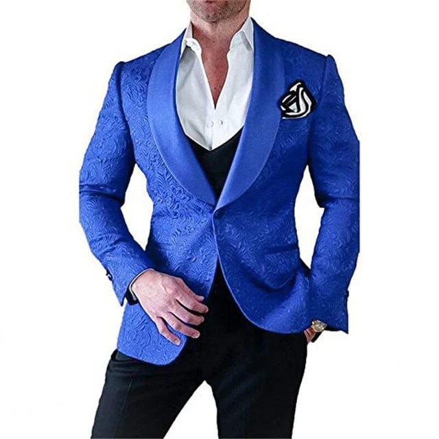 Black men's Italian design 3-piece tuxedo suit featuring a slim fit, jacket, vest, and pants, perfect for weddings and formal events.