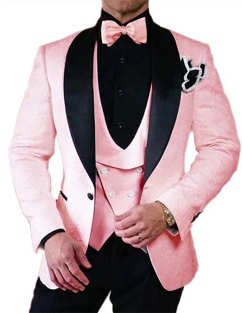 Black men's Italian design 3-piece wedding tuxedo suit with skinny fit, featuring a jacket, vest, and pants for formal occasions